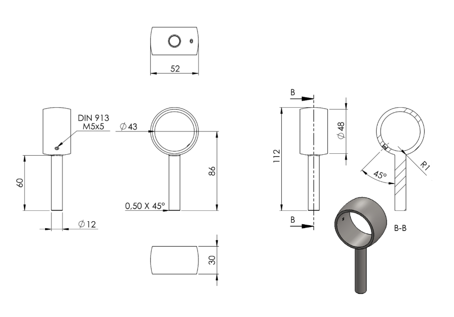 Zeichnung Handlaufhalter mit Kugelring für Handlauf Ø 42,4 mm