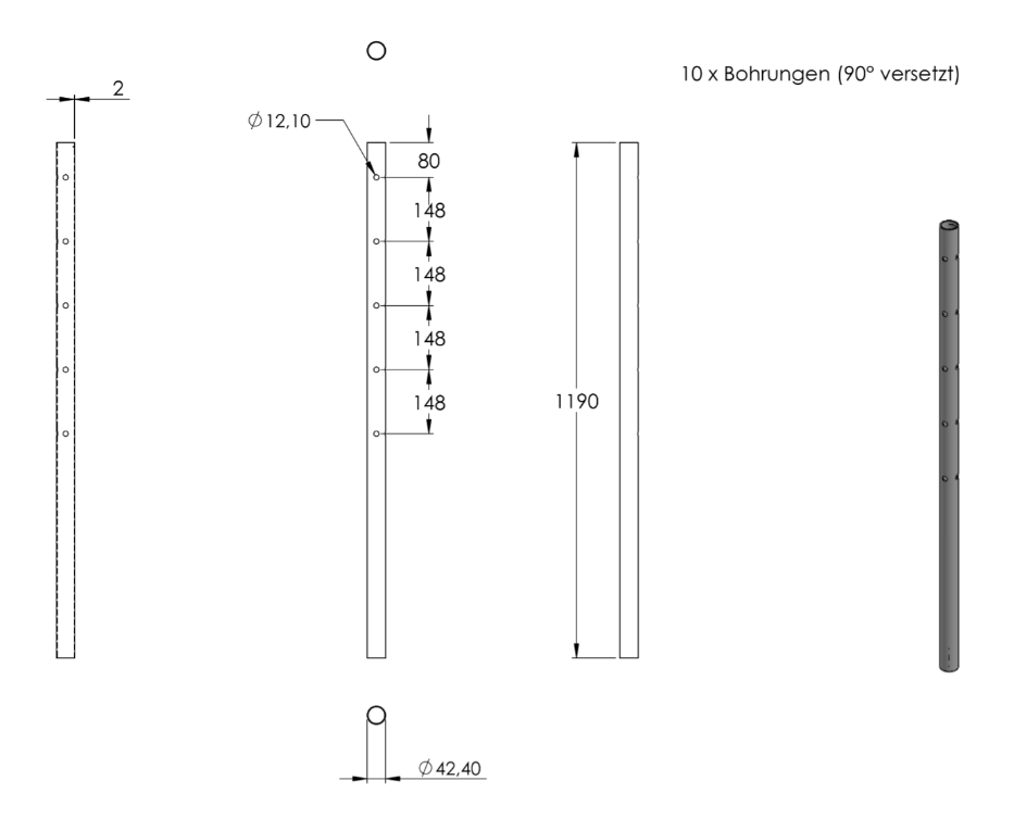 Edelstahlpfosten mit 7 Durchgangsbohrungen (Mittelpfosten), V2A