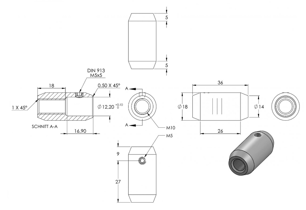 Zeichnung Rundstab-Verbinder mit Gewinde M10, für Rundstab Ø 12 mm
