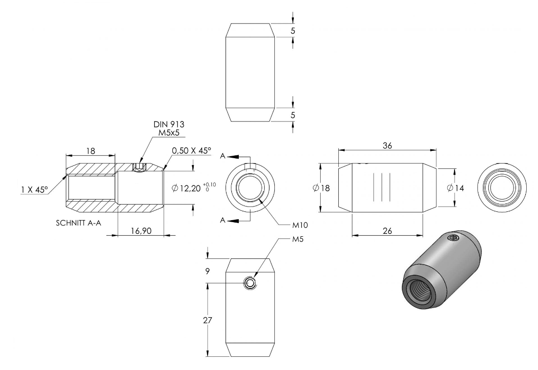 Zeichnung Rundstab-Verbinder mit Gewinde M10, für Rundstab Ø 12 mm