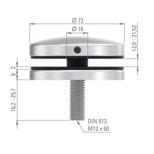 Glaspunkthalter Ø 72 mm, Klemmbereich 12.0 - 21.52 mm, V2A