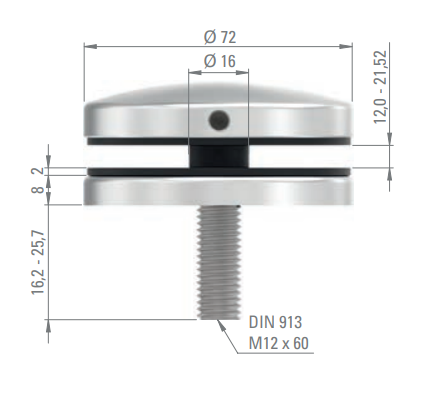 Glaspunkthalter Ø 72 mm, Klemmbereich 12.0 - 21.52 mm, V2A