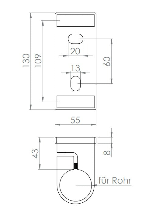 Edelstahl Wandbefestigung für Geländerpfosten zum Spannen, Platte 130 x 55 x 8 mm, V2A