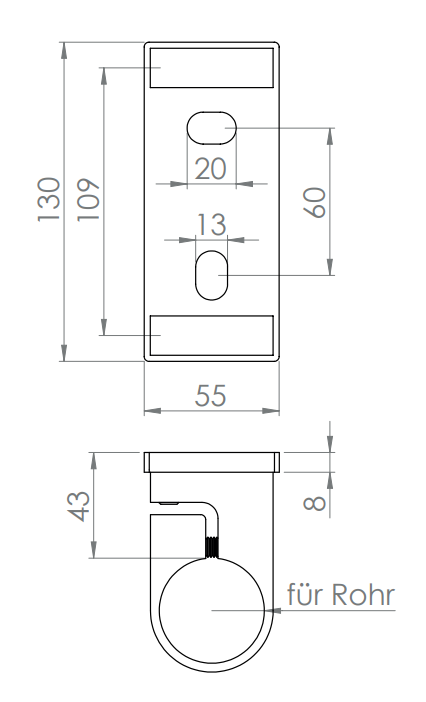 Edelstahl Wandbefestigung für Geländerpfosten zum Spannen, Platte 130 x 55 x 8 mm, V2A