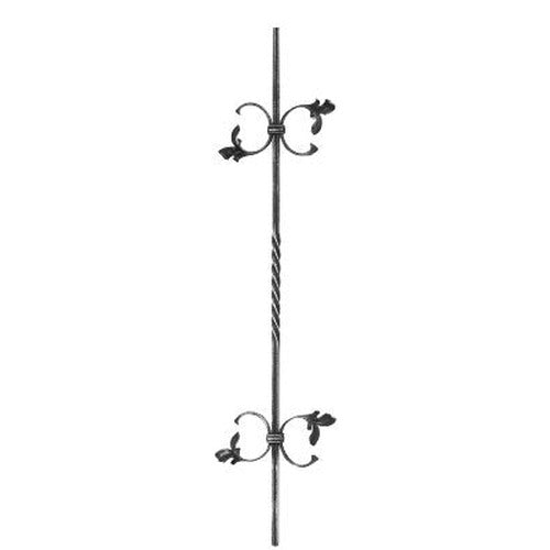 Zierstab 12x12mm, gerillt, Barock, H: 900mm, 4x C-Schnecke außermittig, 1x gedreht mittig