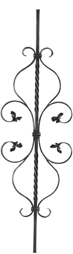 Zierstab 12x12mm, gerillt, Barock, H: 900mm, 2x C-Schnecke mittig, 2x gedreht