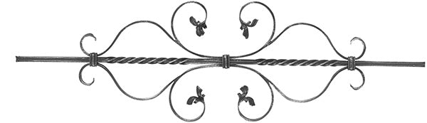 Zierstab 12x12mm, gerillt, Barock, H: 900mm, 2x C-Schnecke mittig, 2x gedreht
