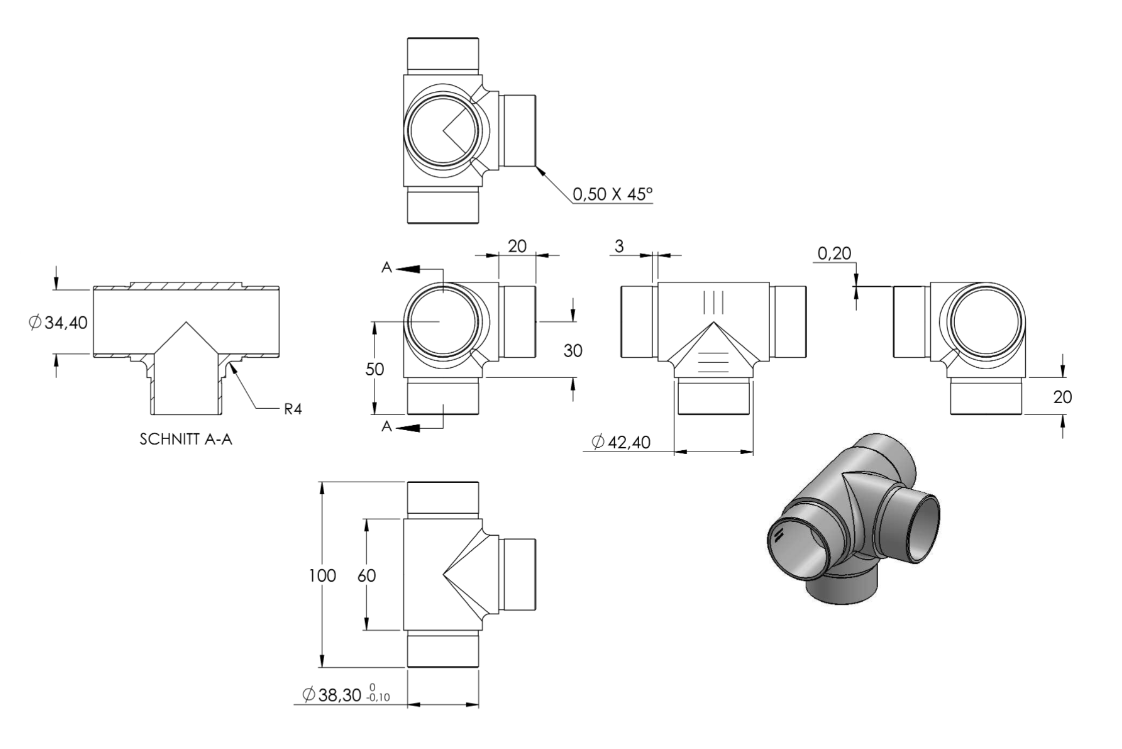 T-Eckstück für Rohr Ø 42,4 x 2,0 mm