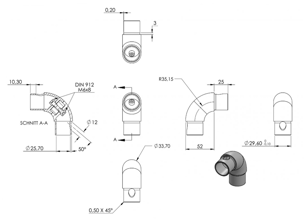 Zeichnung Rohrbogen für Rohr Ø 33,7 x 2,0 mm