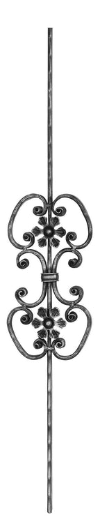 Zierstab 16x8mm, gehämmert, Meisterbarock, H: 900mm, 2x C-Schnecke mittig, 2x Rosette außermittig