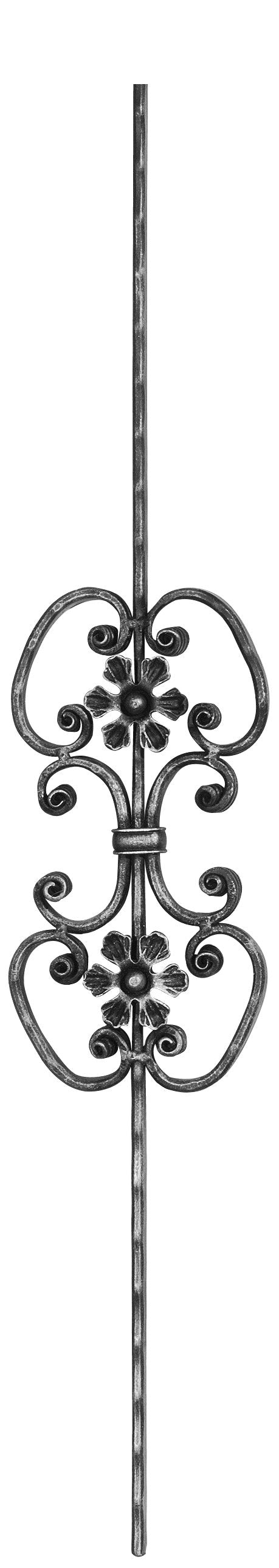 Zierstab 16x8mm, gehämmert, Meisterbarock, H: 900mm, 2x C-Schnecke mittig, 2x Rosette außermittig
