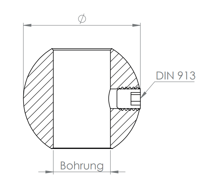 Edelstahl Vollkugel messingbeschichtet, mit Durchgangsbohrung und Madenschraube, V2A