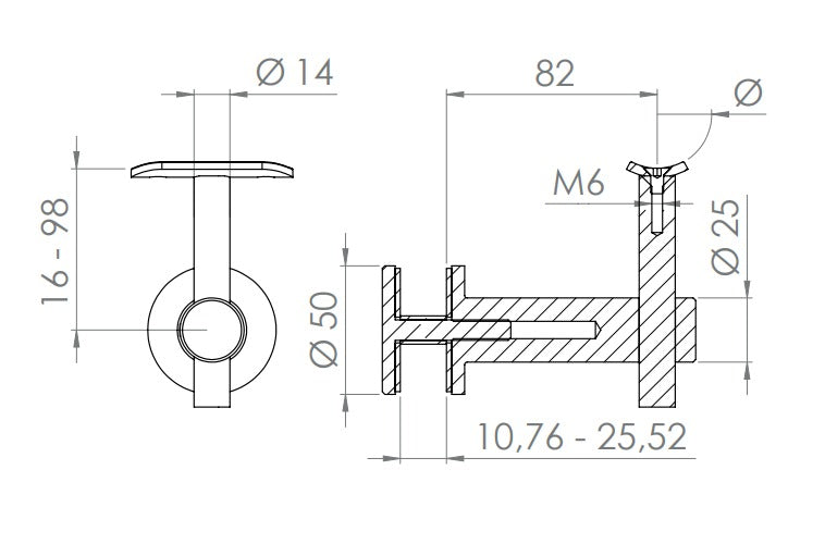 höhenverstellbarer Handlaufhalter für Glas, mit Halteplatte, zum Anschrauben des Handlaufs, V2A