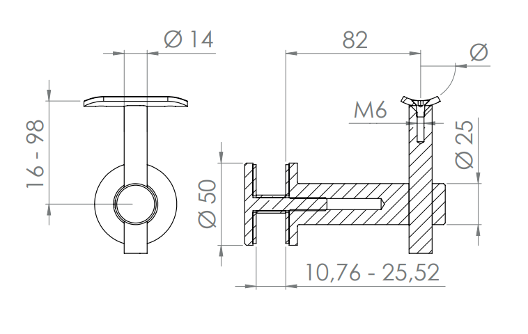 höhenverstellbarer Handlaufhalter für Glas, mit Halteplatte, zum Anschrauben des Handlaufs, V2A