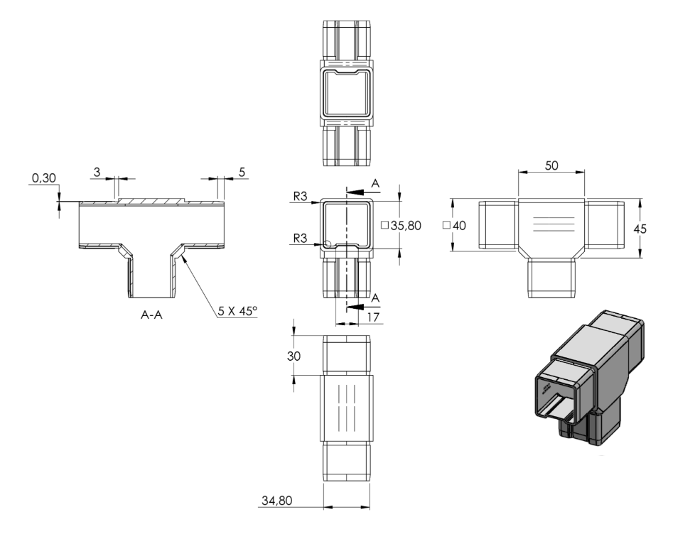 Zeichnung T-Verbinder für Quadratrohr 40 x 40 x 2,0 mm