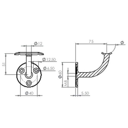 verschweißter Handlaufhalter mit Anschlussplatte, zum Anschrauben / Vernieten des Handlaufs, V2A/V4A