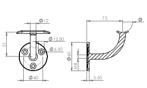 verschweißter Handlaufhalter mit Anschlussplatte, zum Anschrauben / Vernieten des Handlaufs, V2A/V4A