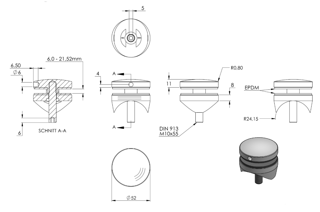 Zeichnung Glaspunkthalter Anschluss Ø 48,3 mm