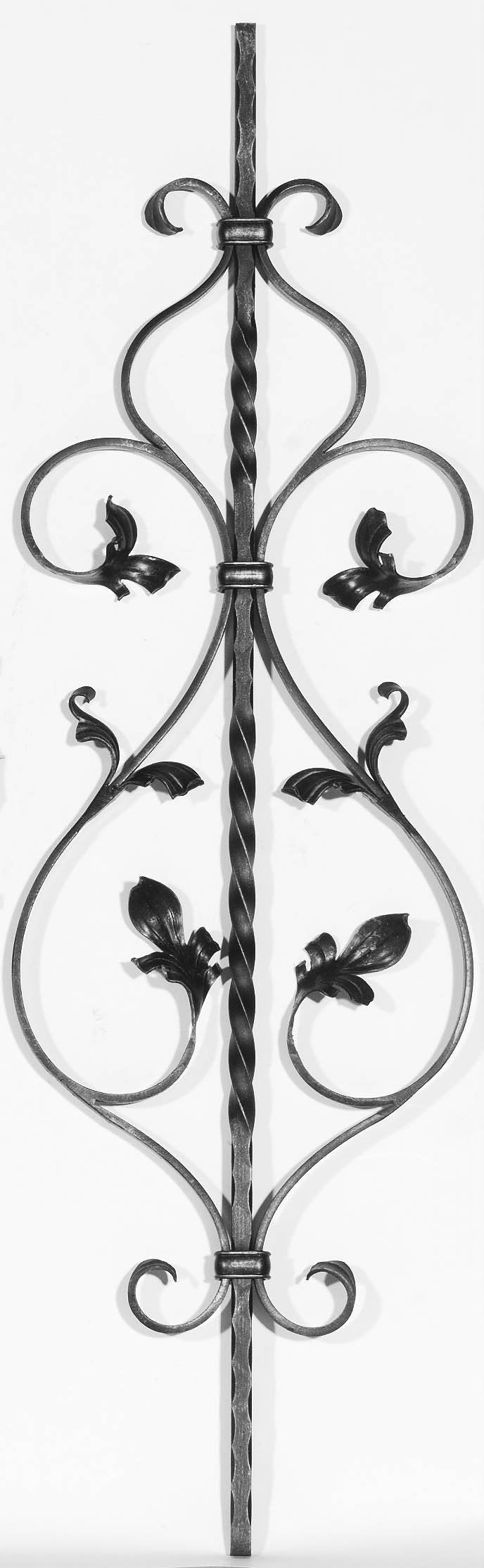 Zierstab 12x12mm, gehämmert, Barock, H: 900mm, Schnecken mit Blatt, 2x gedreht (Art. 1998)