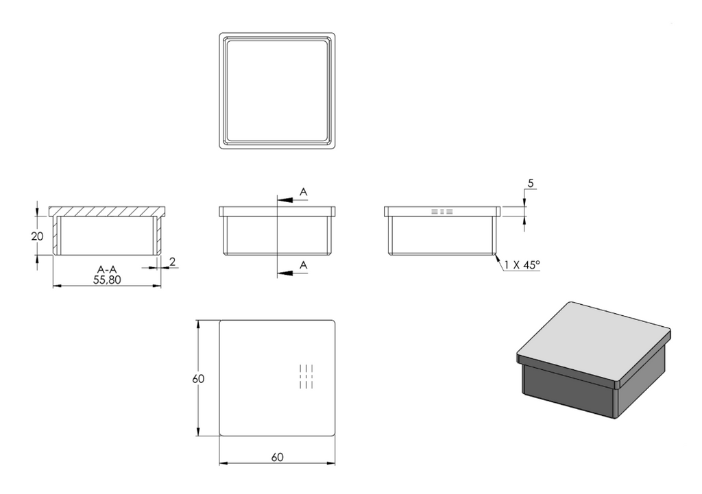 Zeichnung Rohrabschlussstopfen für Rohr 60 x 60 x 2,0 mm