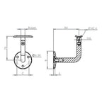 verschraubter  Handlaufhalter mit Gelenk und Anschlussplatte, zum Anschrauben des Handlaufs, V2A