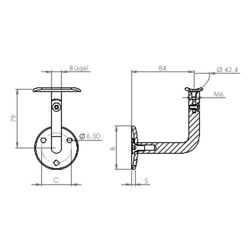 verschraubter  Handlaufhalter mit Gelenk und Anschlussplatte, zum Anschrauben des Handlaufs, V2A