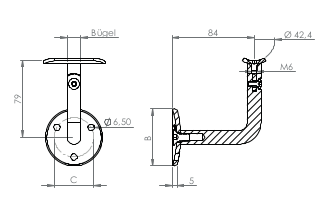 verschraubter  Handlaufhalter mit Gelenk und Anschlussplatte, zum Anschrauben des Handlaufs, V2A