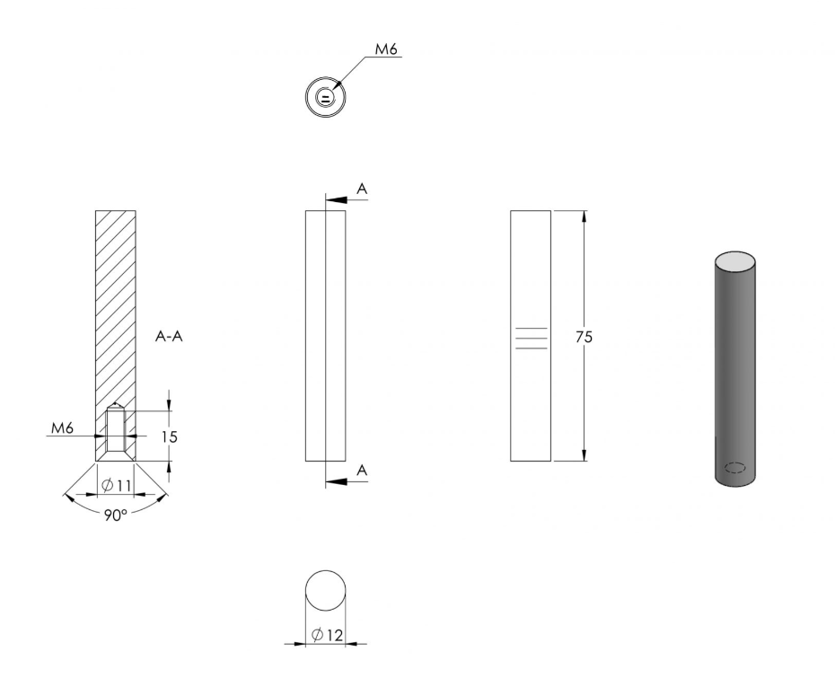 Zeichnung Stift Ø 12 mm, Länge 75 mm, Gewinde M6 