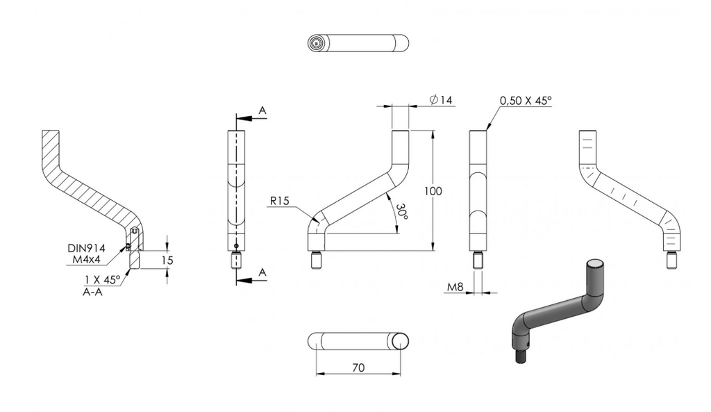 Bügel Edelstahl 2 x 30° gebogen, 360° drehbar,1 x Außengewinde, 1 x flach zum Anschweißen, V2A