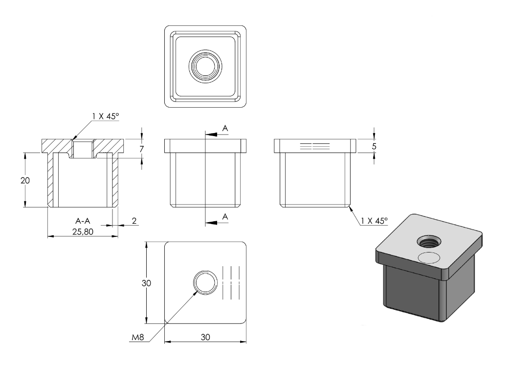 Zeichnung Rohrabschlussstopfen für Rohr 30 x 30 x 2,0 mm