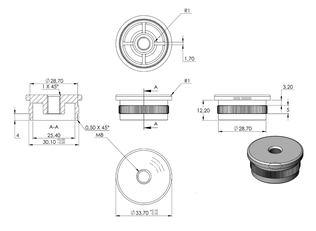 Zeichnung Rohrabschlussstopfen für Rohr Ø 33,7 x 2,0 mm