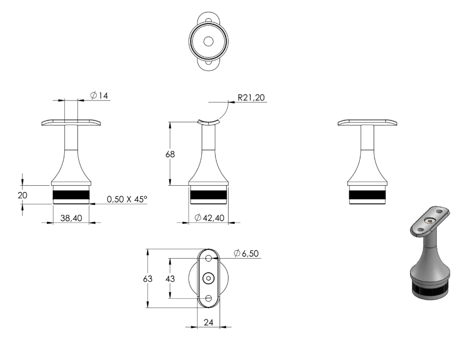 Zeichnung Handlaufstütze für Rohr Ø 42,4 x 2,0 mm