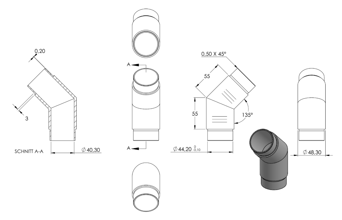 Zeichnung Eckstück für Rohr Ø 48,3 x 2,0 mm