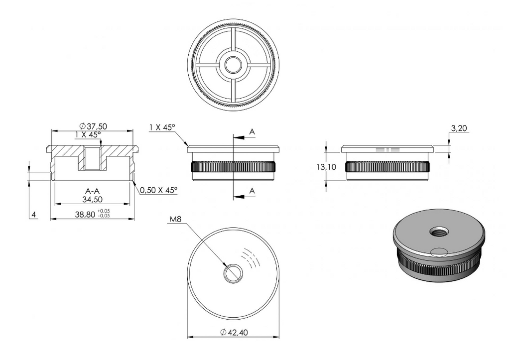 Zeichnung Rohrabschlussstopfen für Rohr Ø 42,4 x 2,0 mm