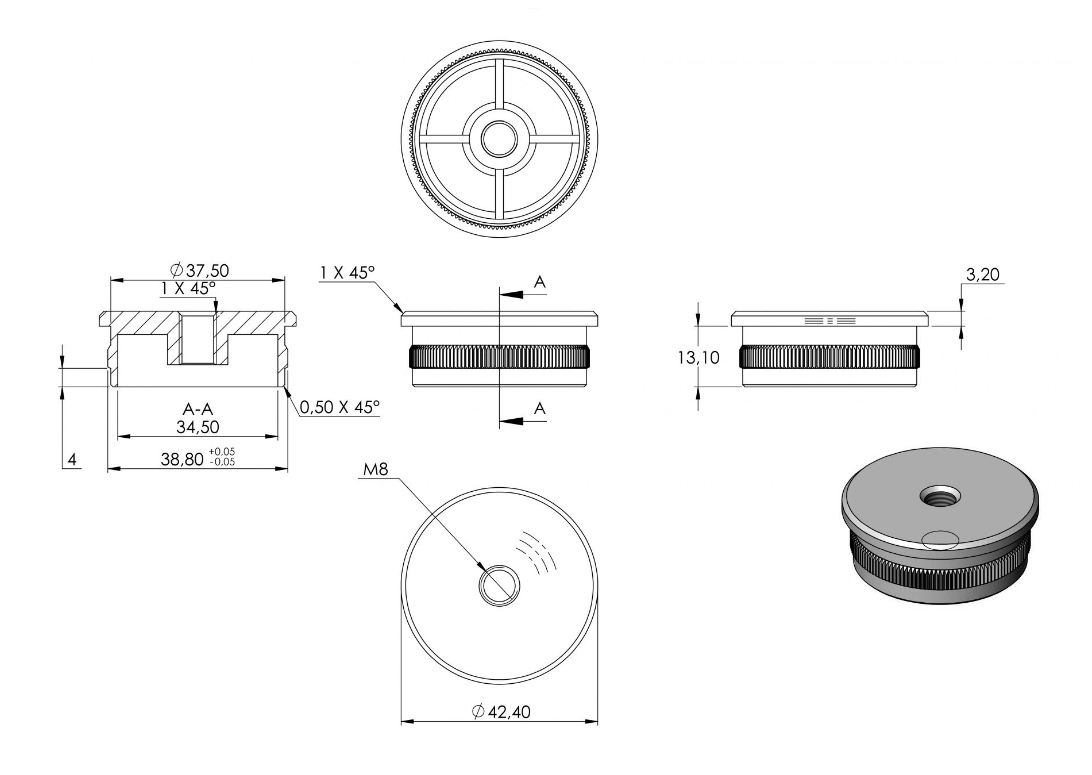 Zeichnung Rohrabschlussstopfen für Rohr Ø 42,4 x 2,0 mm