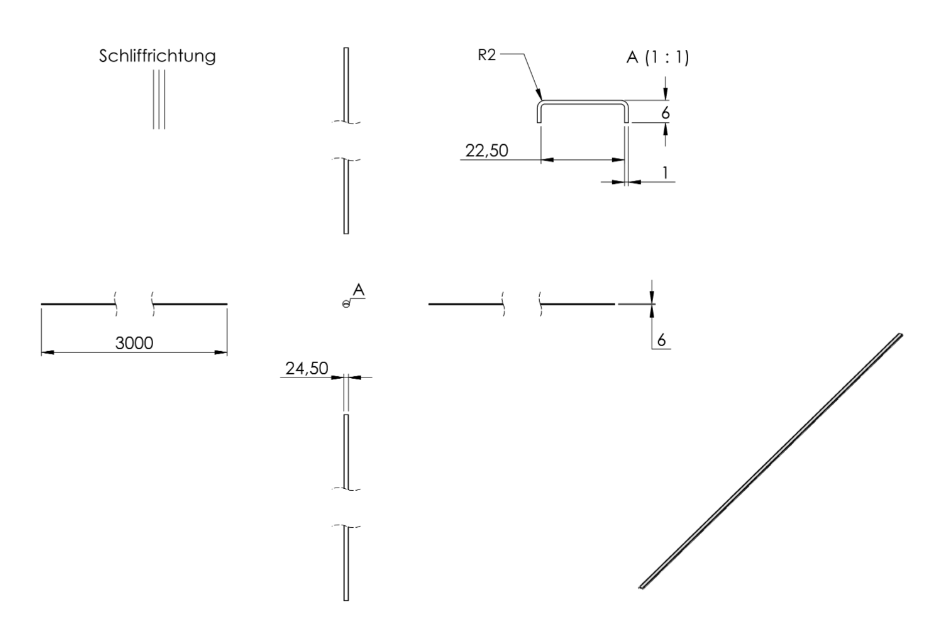 Zeichnung Kantenschutzprofil, Länge 3 m, für Glasstärke 20,00 - 21,52 mm