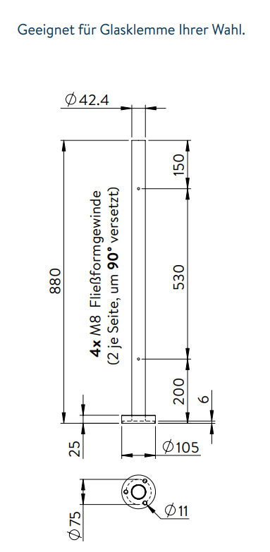 Edelstahlpfosten zur Bodenmontage, Länge 880mm, 4 x M8 Fließformgewinde 90° versetzt, V2A