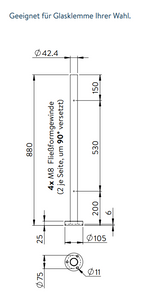 Edelstahlpfosten zur Bodenmontage, Länge 880mm, 4 x M8 Fließformgewinde 90° versetzt, V2A