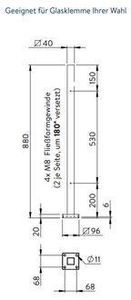 Edelstahlpfosten zur Bodenmontage, Länge 880mm, 4 x M8 Fließformgewinde, 180° versetzt, V2A