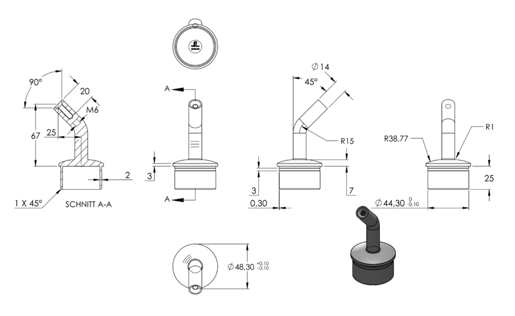 Zeichnung Handlaufstütze für Rohr Ø 48,3 x 2 mm, Stift Ø 14 mm