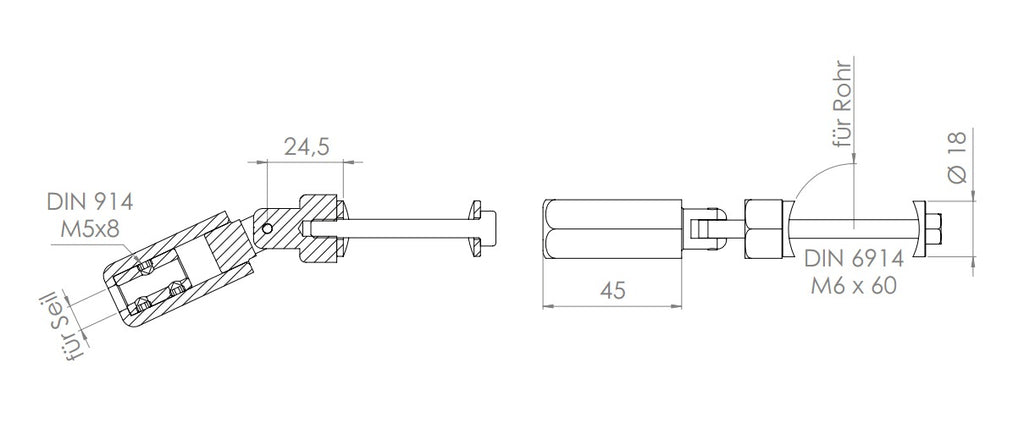 Gewindeterminal zur Selbstmontage, mit Gelenk, für Pfosten 42,4 mm, V2A