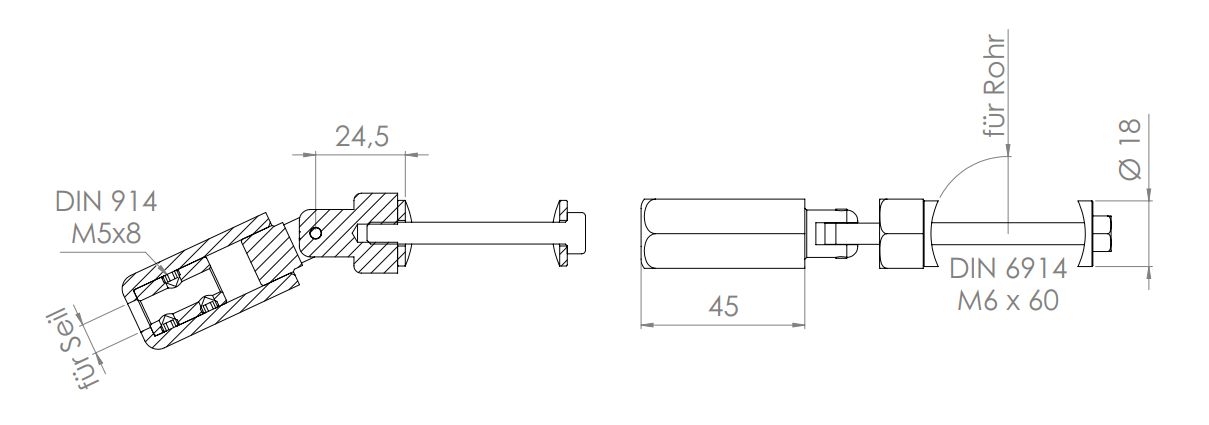 Gewindeterminal zur Selbstmontage, mit Gelenk, für Pfosten 42,4 mm, V2A
