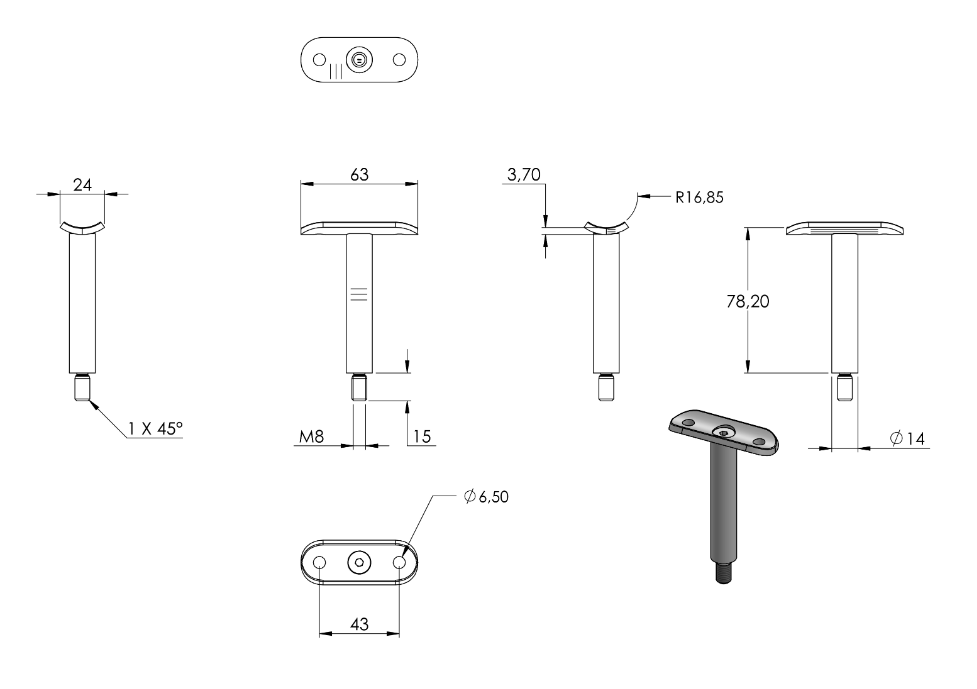 Zeichnung Stift Ø 14 mm, Halteplatte Ø 33,7 mm