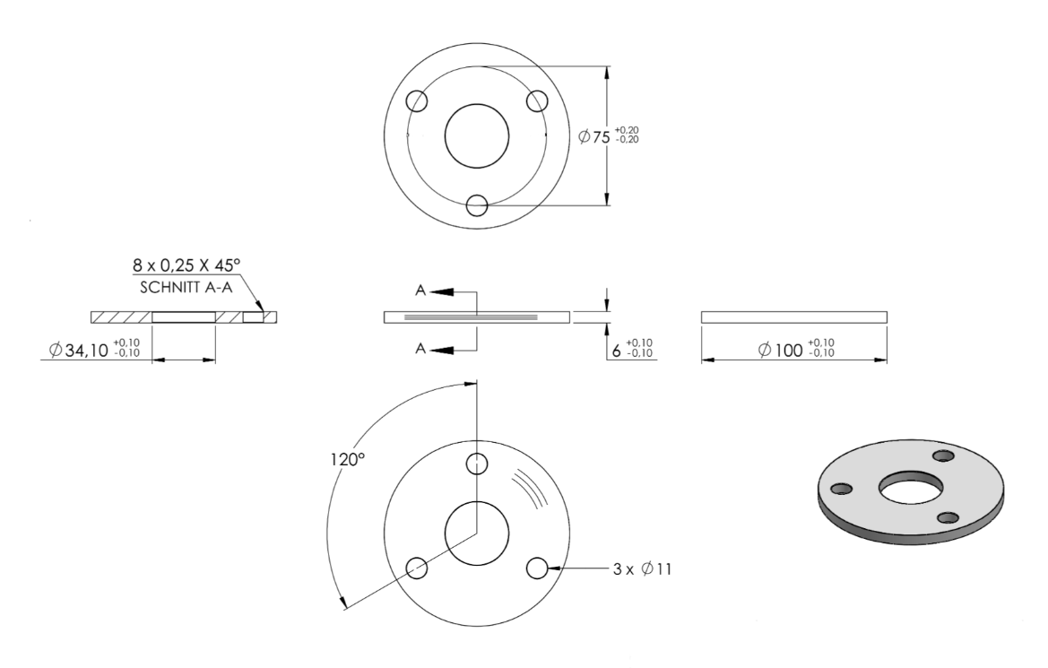 Zeichnung Ankerplatte Ø 110 x 6 mm, Mittelbohrung Ø 33,7 mm, 3 Bohrungen Ø 11 mm