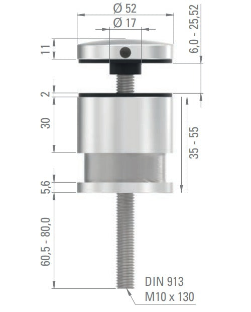 Glaspunkthalter Ø 52 mm, Klemmbereich 6.0 - 25.25 mm, verstellbarer Wandabstand 35 - 55 mm, V2A