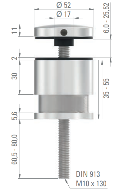 Glaspunkthalter Ø 52 mm, Klemmbereich 6.0 - 25.25 mm, verstellbarer Wandabstand 35 - 55 mm, V2A