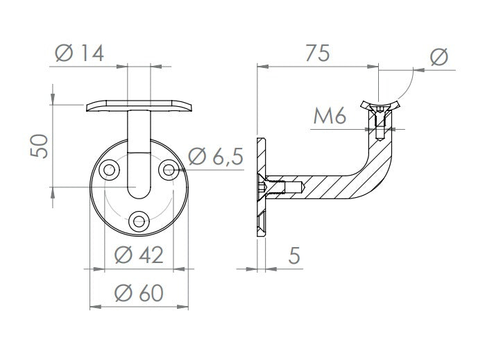 verschraubter Handlaufhalter ohne Kabeldurchführung, jedoch passend zu LED-Handlauf, V2A / V4A