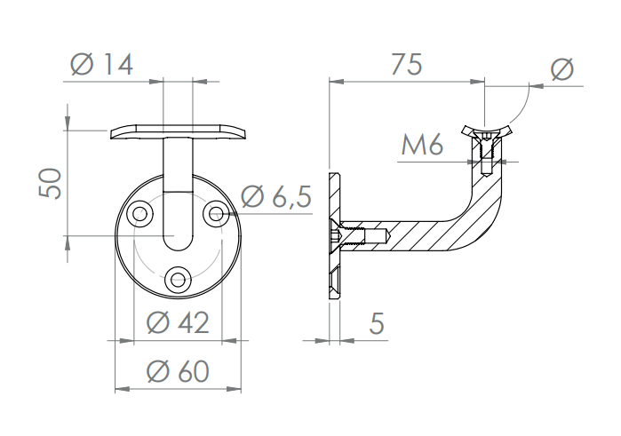 verschraubter Handlaufhalter ohne Kabeldurchführung, jedoch passend zu LED-Handlauf, V2A / V4A