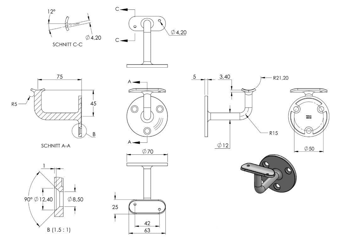 verschweißter Handlaufhalter mit Anschlussplatte, zum Anschrauben / Vernieten des Handlaufs, V2A