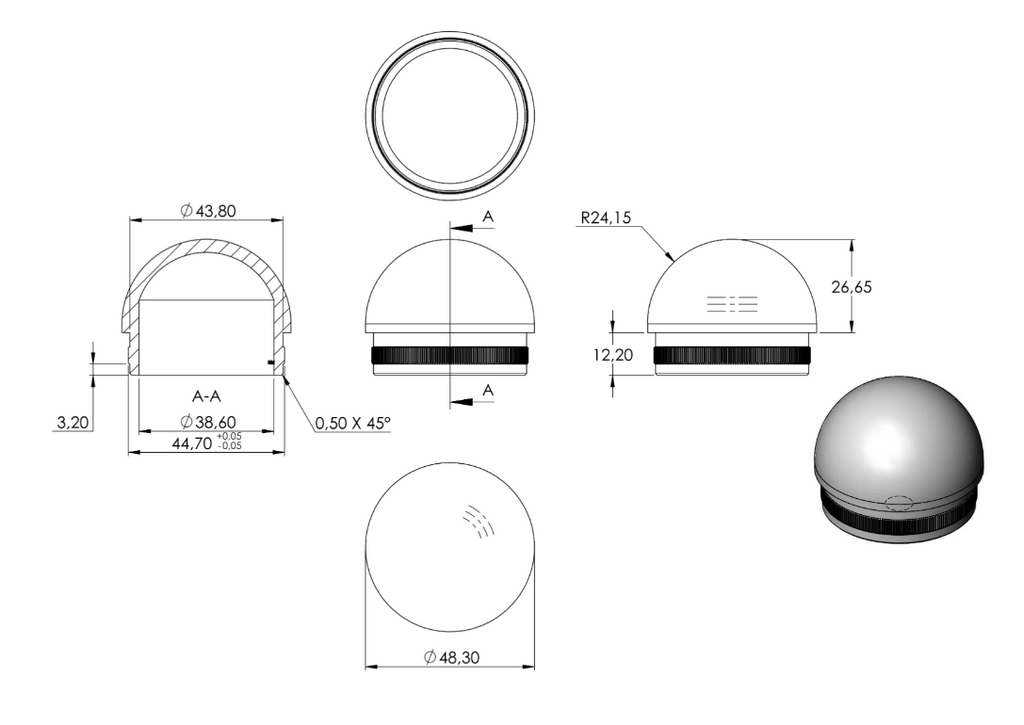 Zeichnung Rohrabschlussstopfen für Rohr Ø 48,3 x 2,0 mm